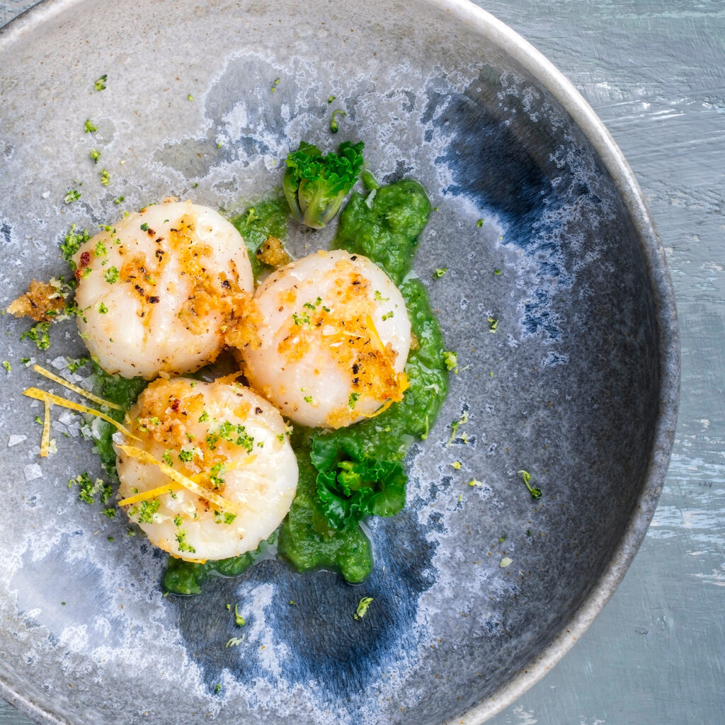 Scallops with rapini purée recipe using Below Zero