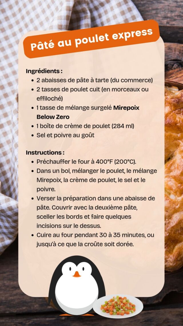 Le froid est de retour cette semaine… et ça donne envie de plats réconfortants! 🥘 Pourquoi ne pas préparer un bon pâté au poulet maison? Avec notre mélange mirepoix Below Zero, c’est rapide, facile et délicieux! 
--
The cold is back this week… and it’s the perfect time for some cozy comfort food! 🥘 How about a homemade chicken pot pie? With our Below Zero mirepoix mix, it’s quick, easy, and delicious!
.
.
.
.
#ComfortFood #ChickenPotPie #EasyRecipes #FrozenVeggies #BelowZeroFoods #CozyMeals #WinterCooking #QuickAndEasyMeals #HomemadeGoodness #MirepoixMix